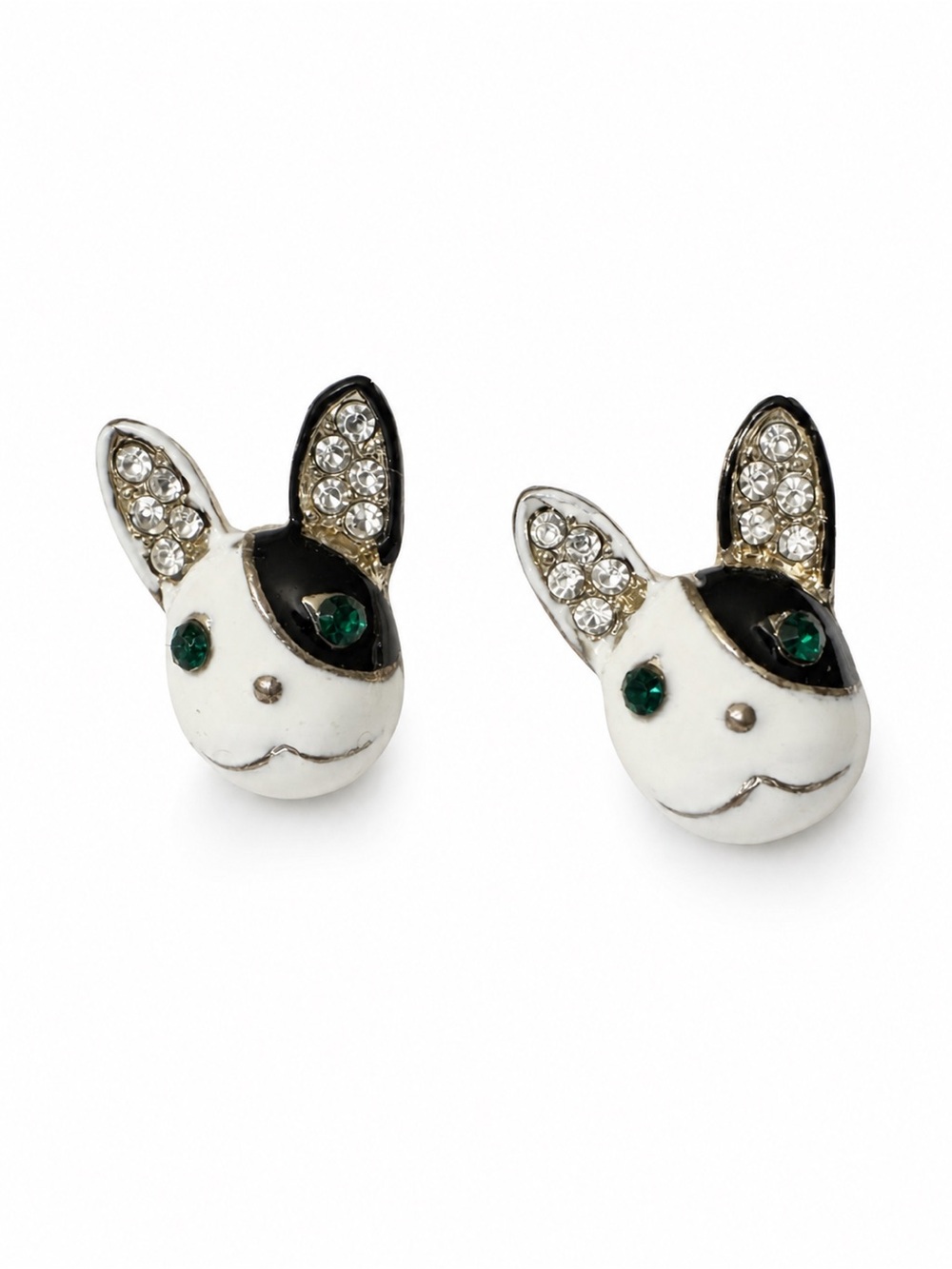 White and Black Bunny Stud Earrings with Emerald Crystals